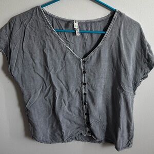 Mudd Charcoal Button-Down V-Neck Top